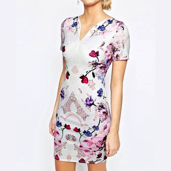 Hope & Ivy Mini Pencil Dress Floral Mirrored Print Cocktail Slit Summer Size 2 - Picture 3 of 13